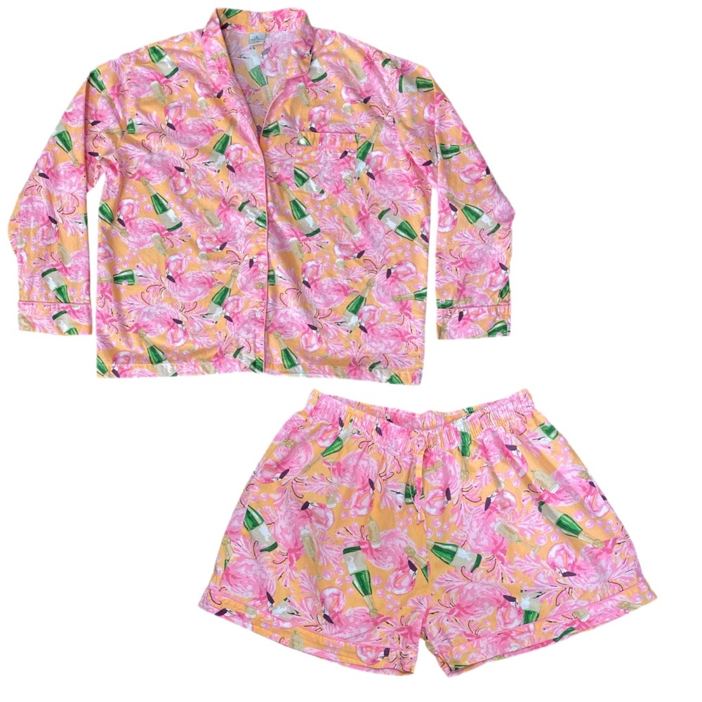 8 Oak Lane Flamingo Bubbly Long Sleeve Cotton Shorts Set Button-up Top Size L/XL - Picture 5 of 12